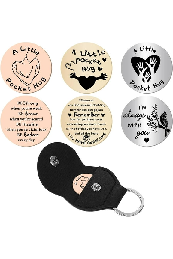 3Pcs Pocket Hug Token Leather Keychains Long Distance Relationship Keepsake Token Engraved Double Sided Pocket Token Coin Sign for Daughter Friend Encouragement Valentine's Day 1.2x1.2Inch Colorful