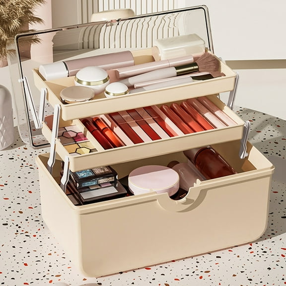 3Pcs Portable Makeup Storage Organizer,Large Capacity Makeup Organizer with Transparent Visual Cover,Handle 3 Layers Portable Cosmetic Storage Box Easily Organize Your Cosmetics,Jewelry and Hair