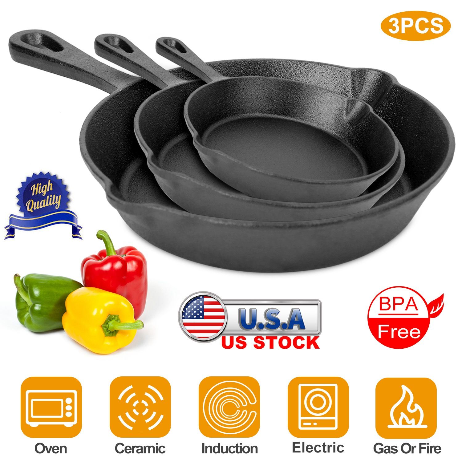 Pre-Seasoned Cast Iron Skillet Set (3-Piece) – 6, 8 & 10 Inch – Oven Safe & Non-Stick