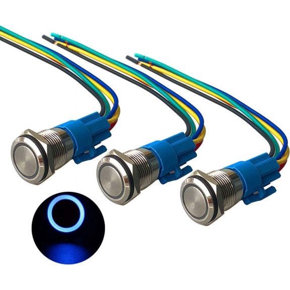 3Pcs Premium 12V/24V 5A Momentary Push Button Switch, 16mm Push Button Switch, Blue LED IP67 Waterproof Switch with Power Outlet Wire
