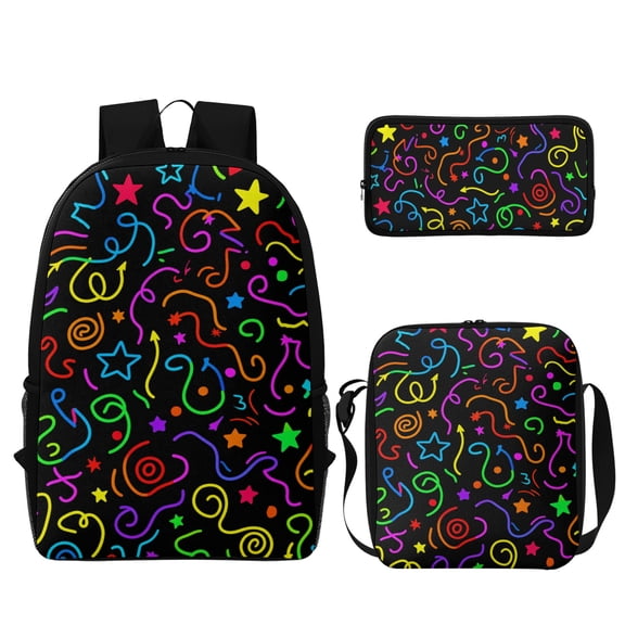 3Pcs Printed Backpack Set, Durable Black Base Rainbow Swirl Line Graffiti Star Pattern Theme Bag with Insulated Lunch Tote and Pencil Case, Lightweight Daily Bag for Outdoor & Commute