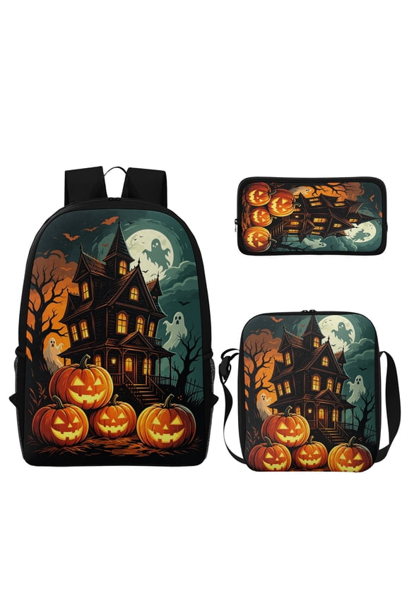 3Pcs Printed Backpack Set, Durable Halloween Haunted House Pumpkin Ghost Holiday Pattern Theme Bag with Insulated Lunch Tote and Pencil Case, Lightweight Daily Bag for Outdoor & Commute