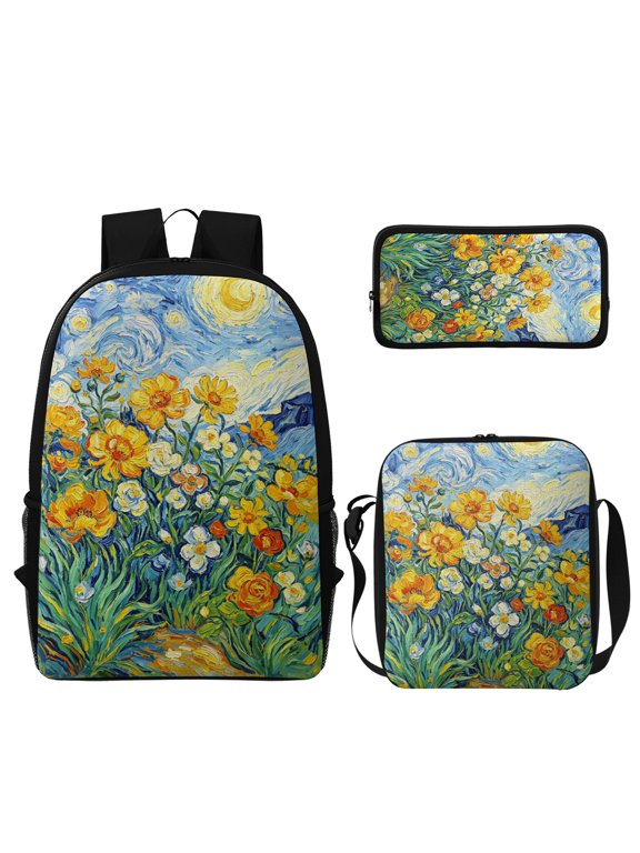 3Pcs Printed Backpack Set, Durable Van Gogh Starry Night Sunflower Oil Painting Art Pattern Theme Bag with Insulated Lunch Tote and Pencil Case, Lightweight Daily Bag for Outdoor & Commute