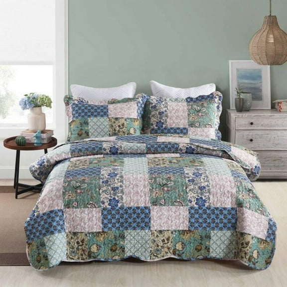 3Pcs Printed Floral Patchwork Quilt Bedspread Set Bedding Coverlet Set B026