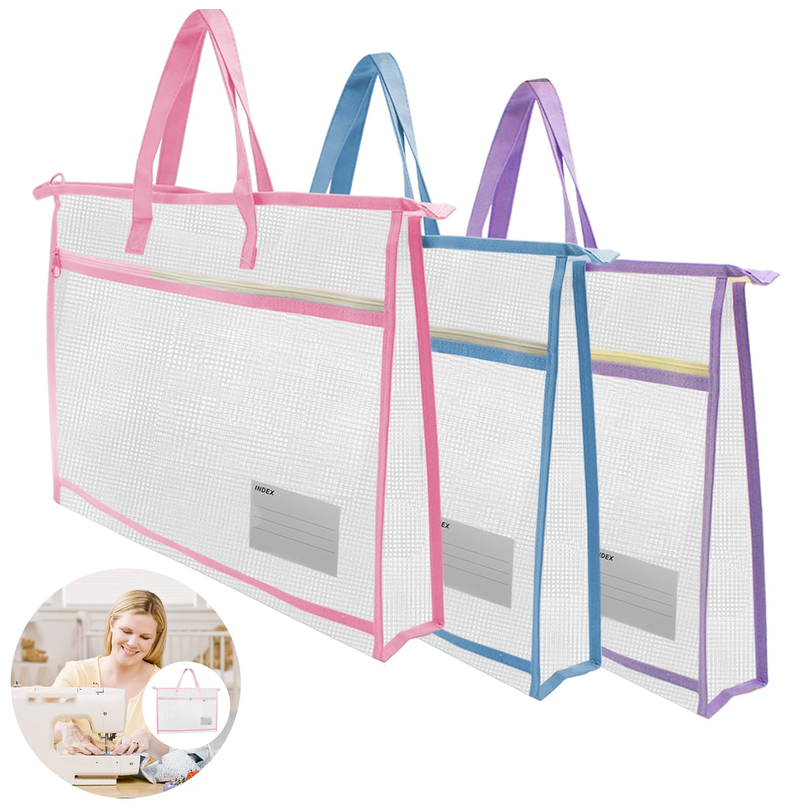 3Pcs Project Bag, 17.7×13 inch A3 Waterproof Mesh Zipper Bag Craft Storage Bag with Handles for Knitting Quilting Sewing Crocheting, Muiticolor