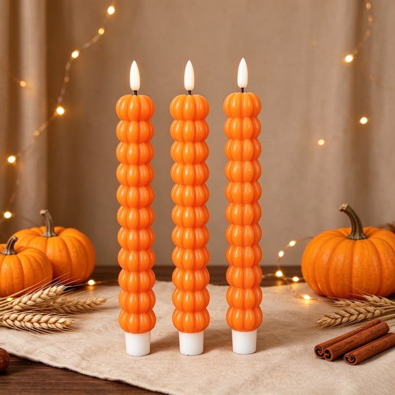 3Pcs Pumpkin Taper Candles, Fall Flameless Candles, LED Pumpkin Battery Operated Candles , Autumn LED Candlestick for Autumn Harvest Thanksgiving Halloween Home Centerpieces Tables Decor