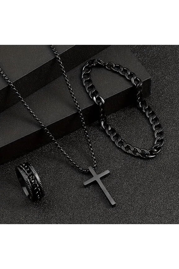 3Pcs Punk Cross Pendant Necklace Bracelet Chain Ring Men's Set Simple Personality Hip Hop Party Jewelry Accessories