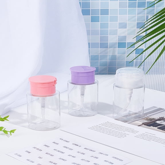 3Pcs Push Down Pump Dispenser Bottles Vacuum Lotion Plastic Empty Lockable Pump Dispenser Bottle with 3Pcs Self-Adhesive Stickers