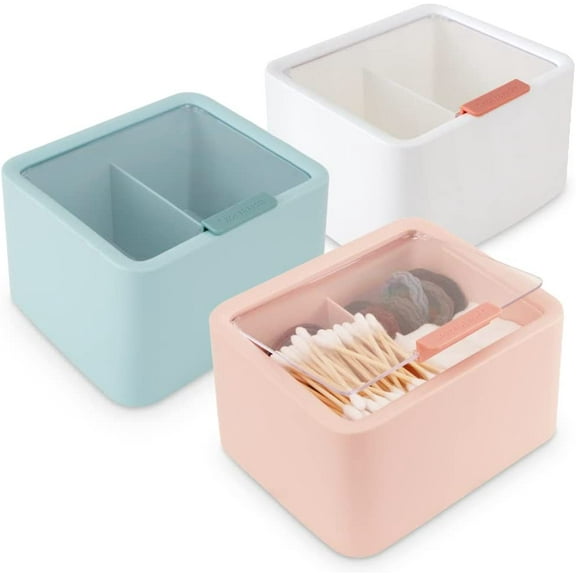 3Pcs Qtips Holder, 2-Grids Cotton Swabs Dispenser with Hinged Lid, Large Cotton Pads Storage Canisters, Bathroom Organizer Storage Box for Cotton Balls, Floss, Hairpin (14.5x12.7x8.2 cm)
