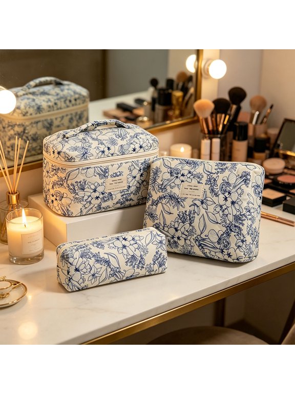 3Pcs Quilted Travel Storage Bag Set with Floral Print, Large Medium Small Makeup Pouch for Toiletry Cosmetics Jewelry, Portable Washable Organizer Bags
