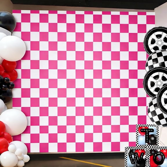 3Pcs Race Car Birthday Party Streamers Backdrop Decorations, Pink White Checkered Foil Fringe Curtain Photo Booth Props with Racing Car Birthday Banner for Car Themed Party Supplies