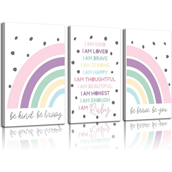 3Pcs Rainbow Nursery Canvas Wall Art Boho Pink Cute Inspirational Wall Decor Pictures Kids Room Posters Prints for Nursery Kids Teens Playroom Room Boys Girls Bedroom Decoration