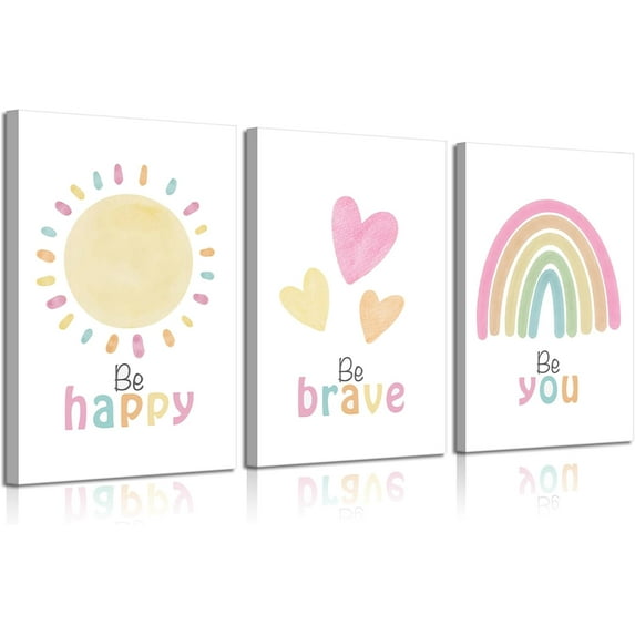 3Pcs Rainbow Nursery Canvas Wall Art Be Happy Be Brave Be You Posters Positive Quotes Boho Kids Room Wall Decor Pictures for Boy Girl Bedroom Classroom Playroom Decoration, 12x16in