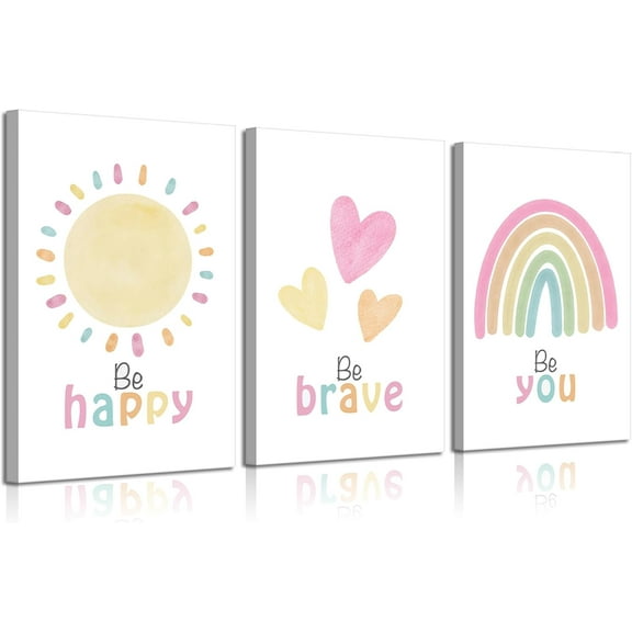 3Pcs Rainbow Nursery Canvas Wall Art Be Happy Be Brave Be You Posters Positive Quotes Boho Kids Room Wall Decor Pictures for Boy Girl Bedroom Classroom Playroom Decoration, 12x16in