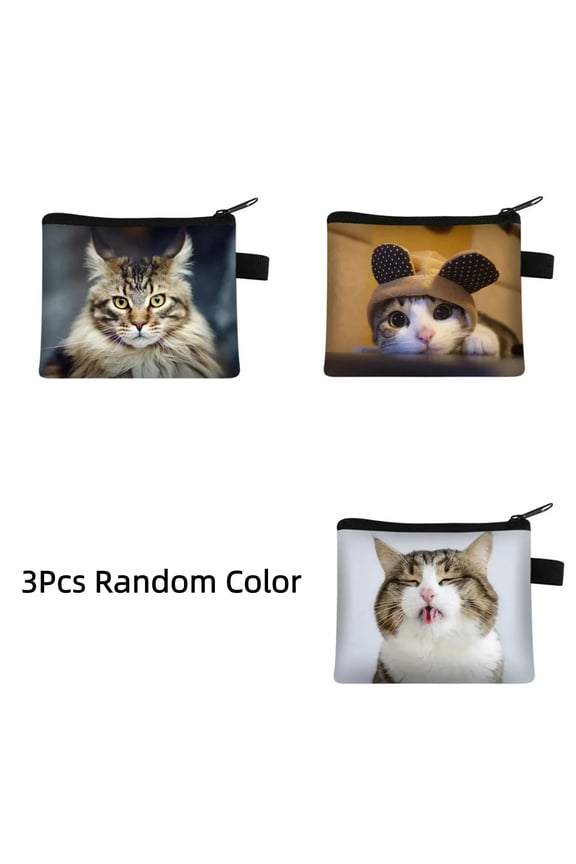 3Pcs Random Color Cute Cartoon Cat Pattern Printed Portable Card Coin Collection Storage Bag