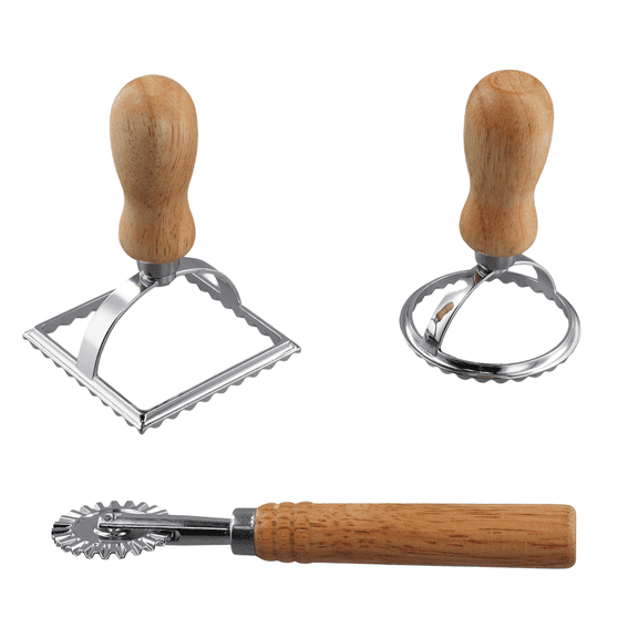 3Pcs Ravioli Stamp Maker Cutter with Roller Wheel Set,Mold with Wooden Handle for Pasta,Dumplings Lasagna,Pies