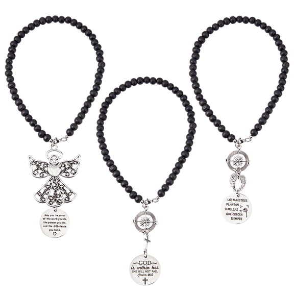 3Pcs Rear View Mirror Accessories Angel Hanging Car Charm Rearview Hanger Ornament Rosary Rearview Mirror Hanging Wood Beaded Car Decoration