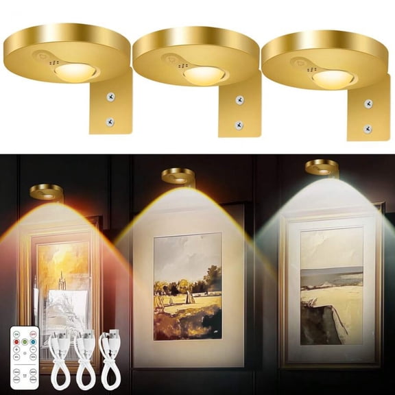 3Pcs Rechargeable Picture Lights - 1200mAh Battery Operated Wireless Wall Frame Lights, Gold Magnetic Puck Lights with Remote, Dimmable & Timer for Paintings & Gallery