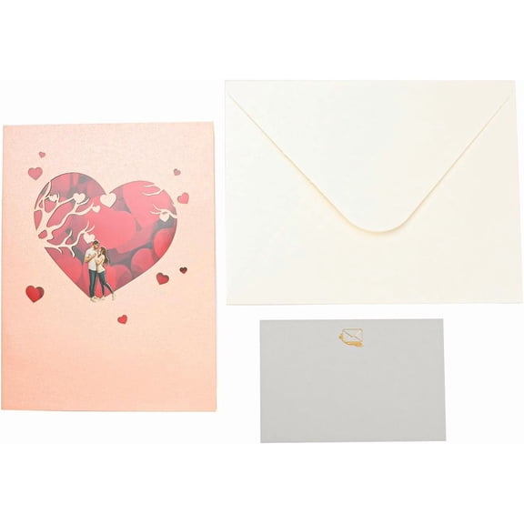 3Pcs Rectangle 3D Up Paper Greeting Card with Paper Card and Envelope Valentine's Day Wedding Birthday Invitation Card Heart 200x150x3mm Open 200x300x130mm Dark Salmon