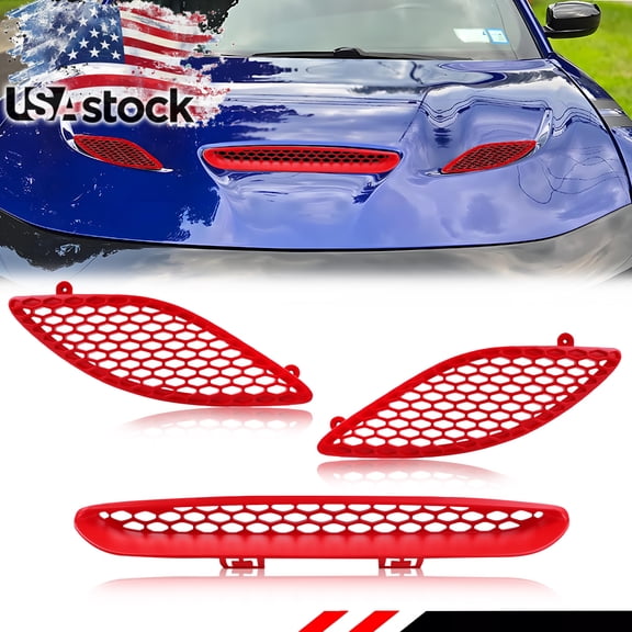 3Pcs Red Front Bumper Hood Scoop Trim Vent Grille Insert Bezel Set ABS Plastic For 2015 2016 2017 2018 2019 2020 Dodge Charger GT SRT Hellcat
