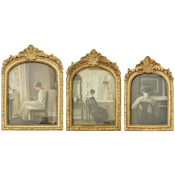 3Pcs Resin Vintage Picture Frame Assorted Size Gold Hue Arched Photo Frame With Flower Decor Edge for Home Living Room Bedroom