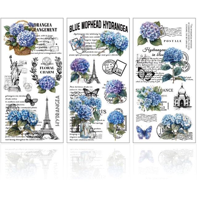 3Pcs Retro Hydrangea Furniture Transfer 6x12inch Blue and Purple