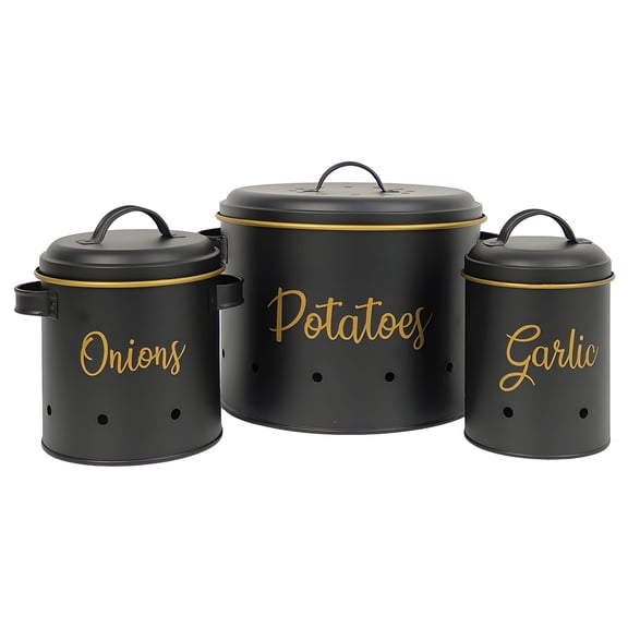 3Pcs Retro Iron Storage Canisters Vegetable Storage Container With Ventilation Holes For Potatoes Onions Garlic