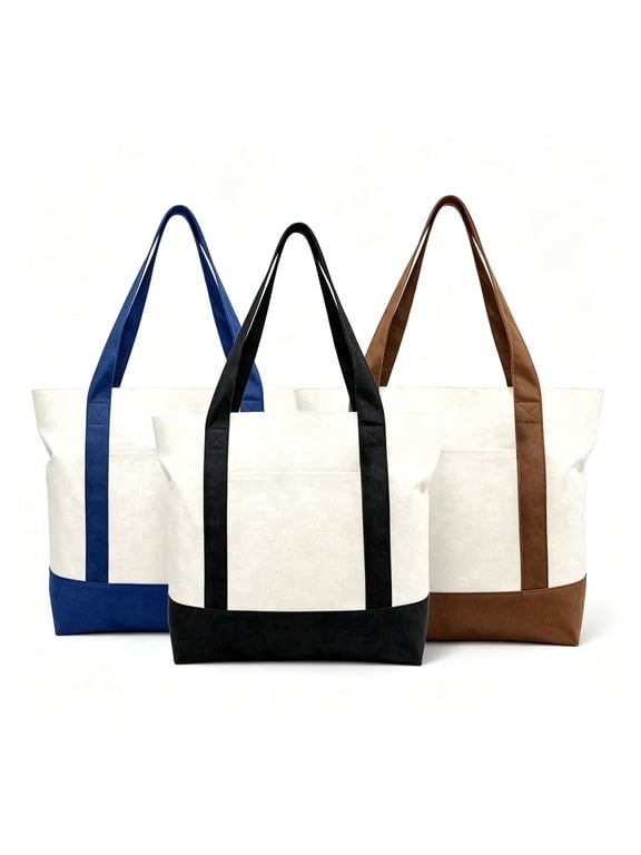 3Pcs Reusable Canvas Shopping Tote with Zipper Closure and Front Pocket, Durable Daily Carry Bag for Grocery and Everyday Use