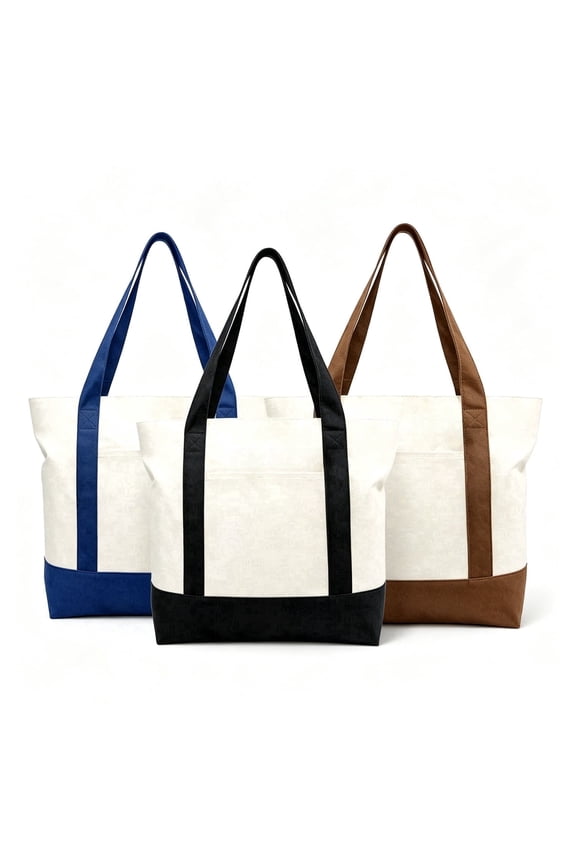 3Pcs Reusable Canvas Shopping Tote with Zipper Closure and Front Pocket, Durable Daily Carry Bag for Grocery and Everyday Use