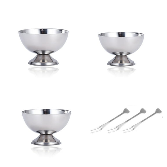 3Pcs Reusable Stainless Steel Ice Cream Bowl with 3 Forks in Silver for Desserts