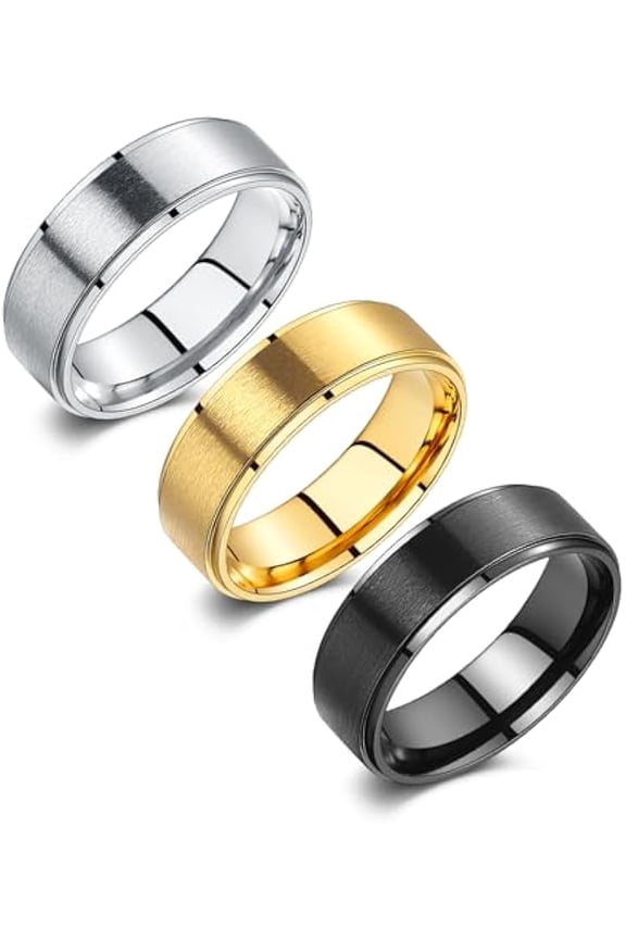 3Pcs Rings for Men 8mm, Black Gold Plated Silver Mens Wedding Band Set Stainless Steel Matte Brushed Finish Stepped Edges Comfort Fit Ring for Men Women Size 7-12
