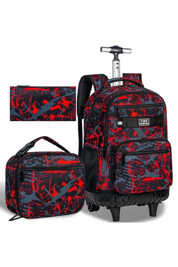 3Pcs Rolling Backpack Set for Men Boys, 21 Inch Wheeled Travel Backpack with Wheels, Roller Bookbag for Adults Teens College, Red