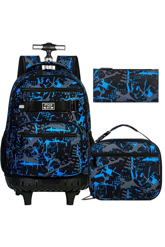 3Pcs Rolling Backpack for Boys Men, Travel Roller Backpacks with Wheels for Adults, Teens College Graffiti Wheeled Bookbag with Lunch Box(Blue)