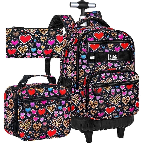 3Pcs Rolling Backpack for Girls, 19 Inche Women Roller Bag with Wheels for Adults, Wheeled Bookbag with Lunch Box(Brown)