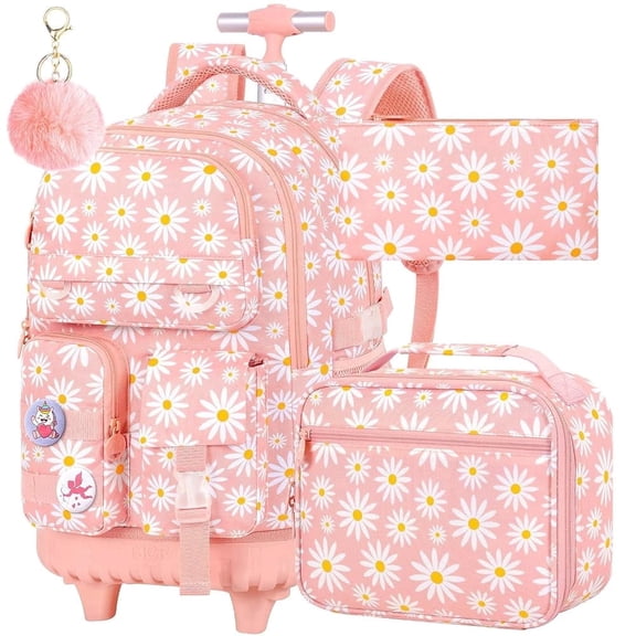3Pcs Rolling Backpack for Girls, Roller Wheeled School Bookbag, Daisy Wheels Backpacks with Lunch Box for Kids (Pink)