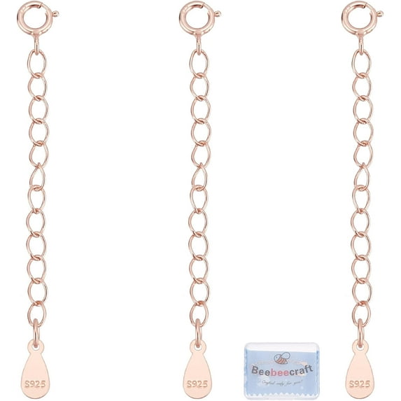 3Pcs Rose Gold Necklace Extenders 925 Sterling Silver Bracelet Anklets Extender Chain with Spring Ring Clasps and Polishing Cloth for DIY Jewelry Making