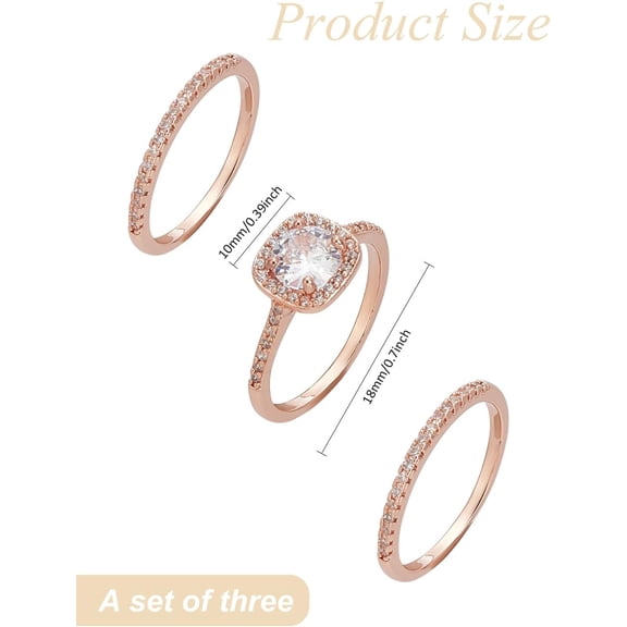 3Pcs Rose Gold Three-in-One Wedding Engagement Bridal Halo Rings Sets Brass Micro Pave Cubic Zirconia Rings Square Cut Cubic Zirconia Wedding Band Rings for Jewelry Gift