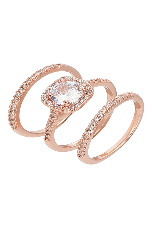 3Pcs Rose Gold Three-in-One Wedding Engagement Bridal Halo Rings Sets Brass Micro Pave Cubic Zirconia Rings Square Cut Cubic Zirconia Wedding Band