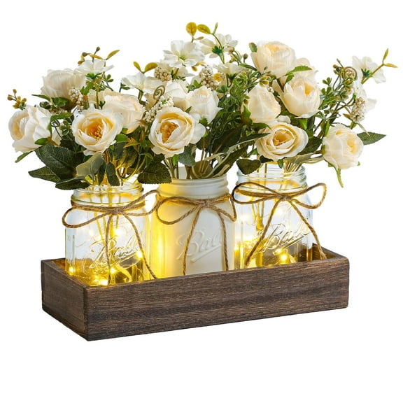 3Pcs Roses Artificial Flowers In Mason Jars, 3 Pcs Mason Jar Centerpiece Table Decorations with Lights Rustic Home Decor Spring Centerpieces Decor with Wood Tray and Flowers Glass Table Decorations