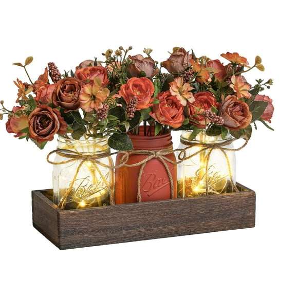 3Pcs Roses Artificial Flowers In Mason Jars, 3 Pcs Mason Jar Centerpiece Table Decorations with Lights Rustic Home Decor Spring Centerpieces Decor with Wood Tray and Flowers Glass Table Decorations