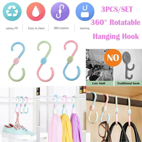 3Pcs Rotatable S-Shape Hooks | Plastic Storage Hooks for Shoes Towels Bags | 360-Degree Swivel Design for Wardrobe Kitchen Bathroom Organization