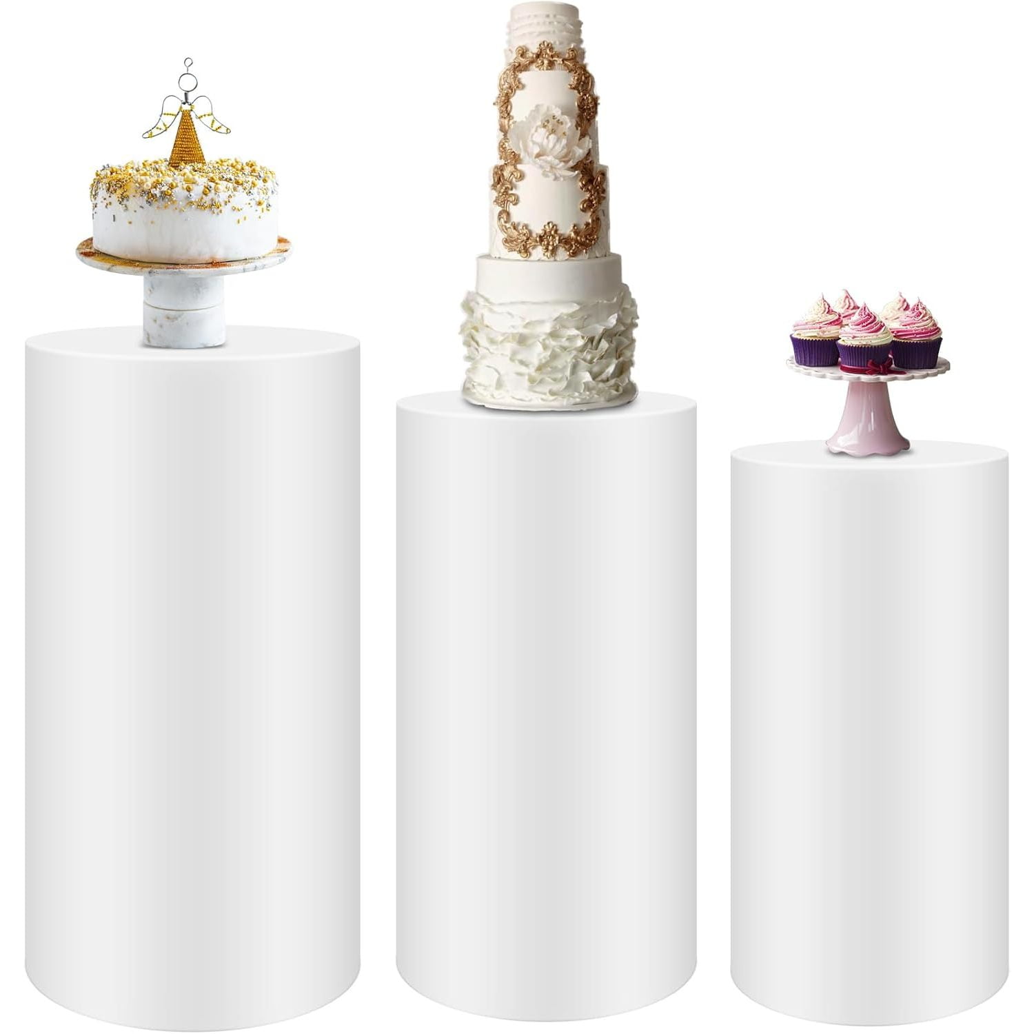 3-Piece Gold Metal Cylinder Pedestal Stands - Round Display Stands For Wedding & Party Decor