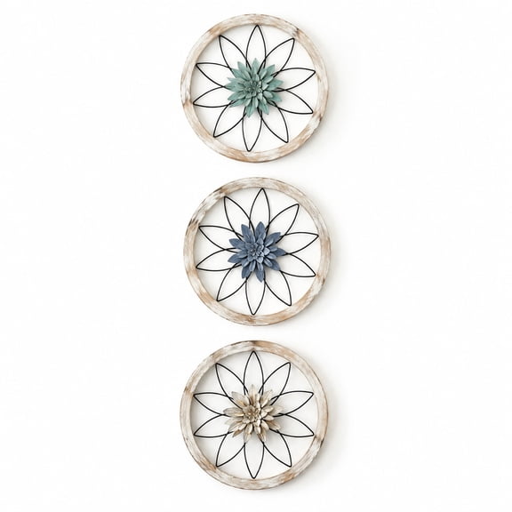 3Pcs Round Farmhouse Wall Decor Set, 12" Rustic Wood & Metal Wall Art for Living Room, Bedroom, Kitchen, Bathroom & Dining Room - Interchangeable Flower Design, Vintage Home Decor