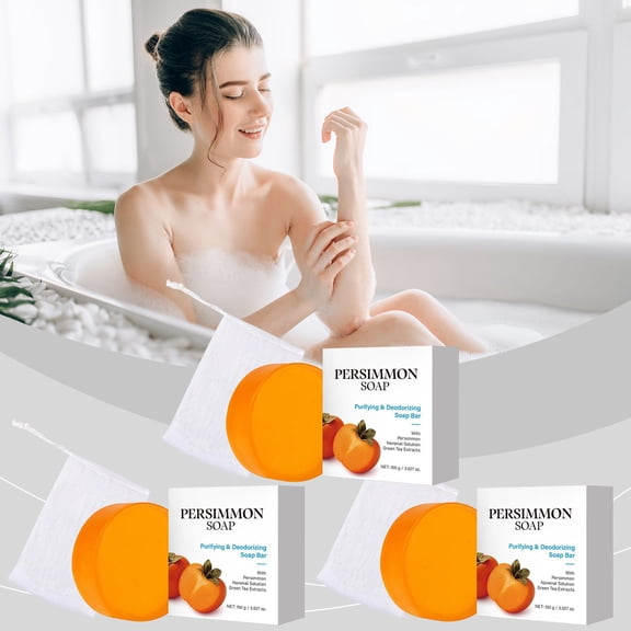 3Pcs Round Persimmon Soap Bar for Body Odor Control, Persimmon Soap Bar for Old People Smell, Natural Purifying Deodorizing Soap for Women Men, Comes with Bubble Net, Gentle on All Skin Types, 3.53oz