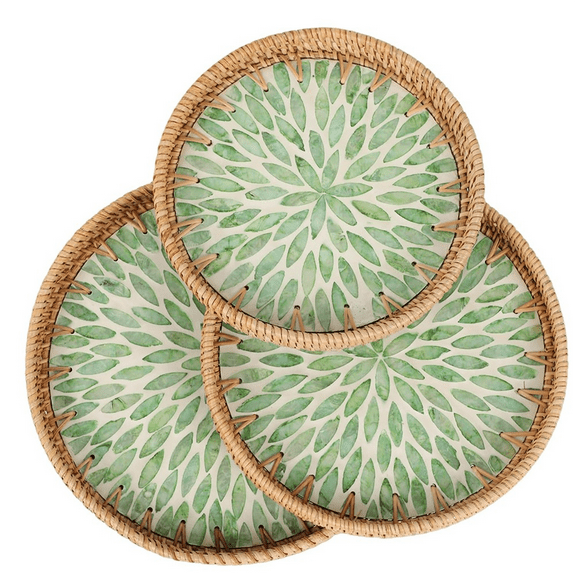 3Pcs Round Rattan Wicker Tray with Mother of Pearl Inlay Boho Rattan Tray Round Wicker Trays Coffee Table Trays,3pcs x wicker tray,As Shown