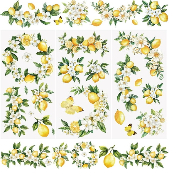 3Pcs Rub On Transfer Stickers Lemon Flowers Pattern Waterproof Decals Furniture Craft Embellishments for DIY Scrapbooking Photo Albums,15 * 30cm