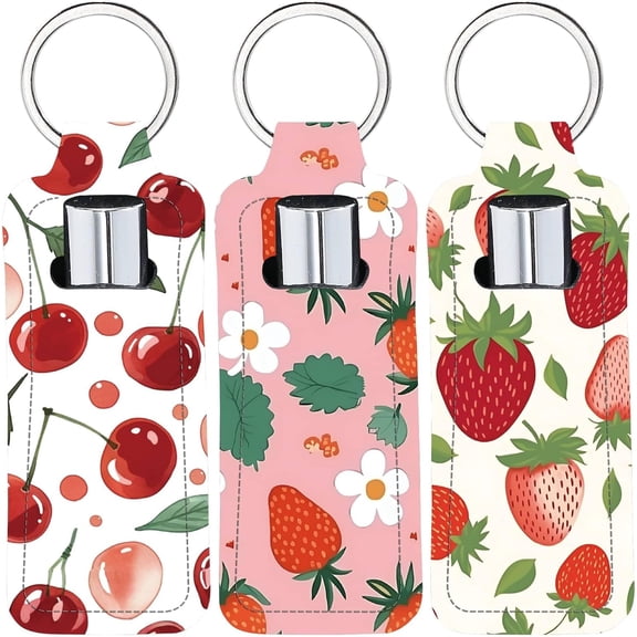 3Pcs Rubber Imitation Leather Keychains with Iron Split Rings Rectangle Lipstick Bag Fruit 100x40mm