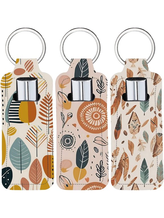 3Pcs Rubber Imitation Leather Keychains with Iron Split Rings Rectangle Lipstick Bag Leaf 100x40mm for Handmade