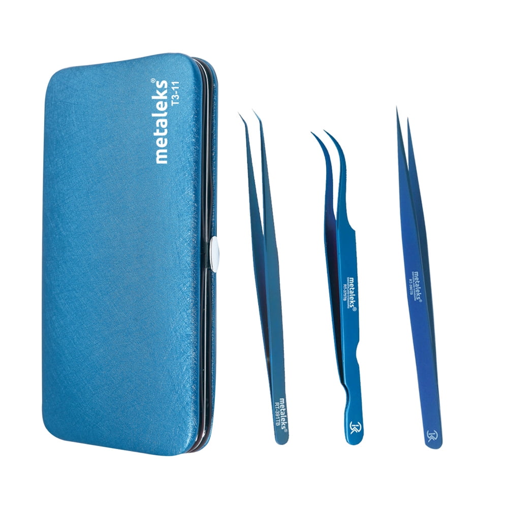 3Pcs Russian Volume Japanese Stainless Steel Tweezers for Eyelash Extension in Blue Titanium Coated with Blue Magnetic Kit