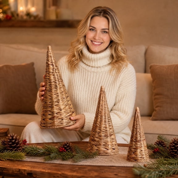 3Pcs Rustic Christmas Decor Wicker Christmas Tree Tabletop Decor Farmhouse Holiday Table Centerpiece Home Mantel Shelf Ornament